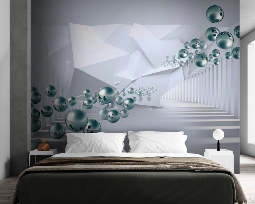 White room with white walls and white columns and silver balls