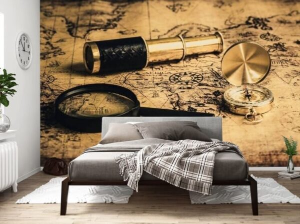 Fotomurales Fotomurales Lupa y telescopio sobre un mapa (SKU: u79475)