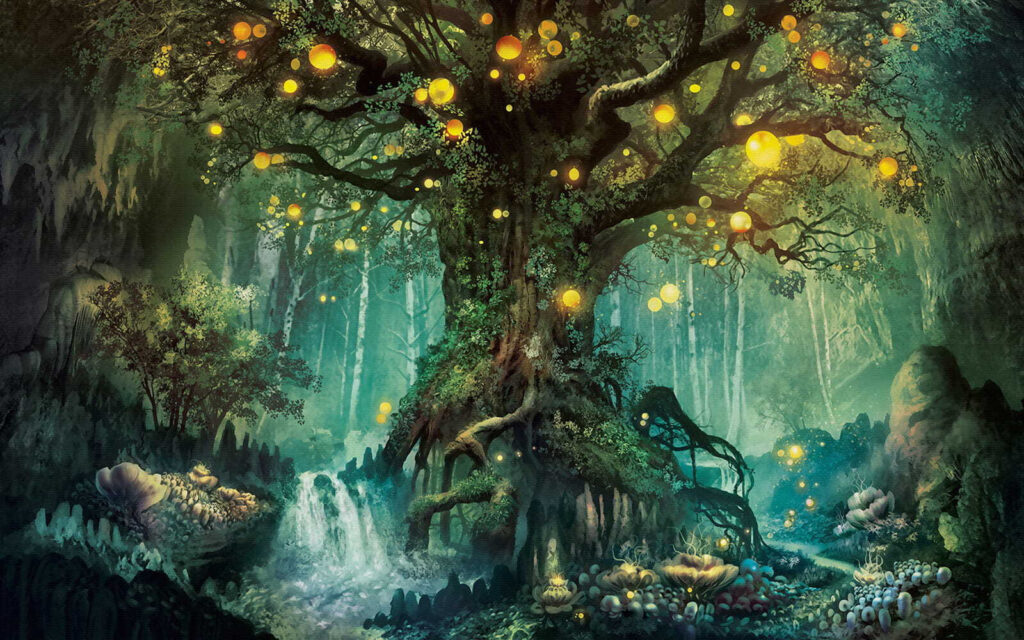 Pintura de un árbol con luces Pintura de un árbol con luces