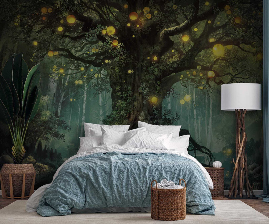 Painting of a tree with lights on it