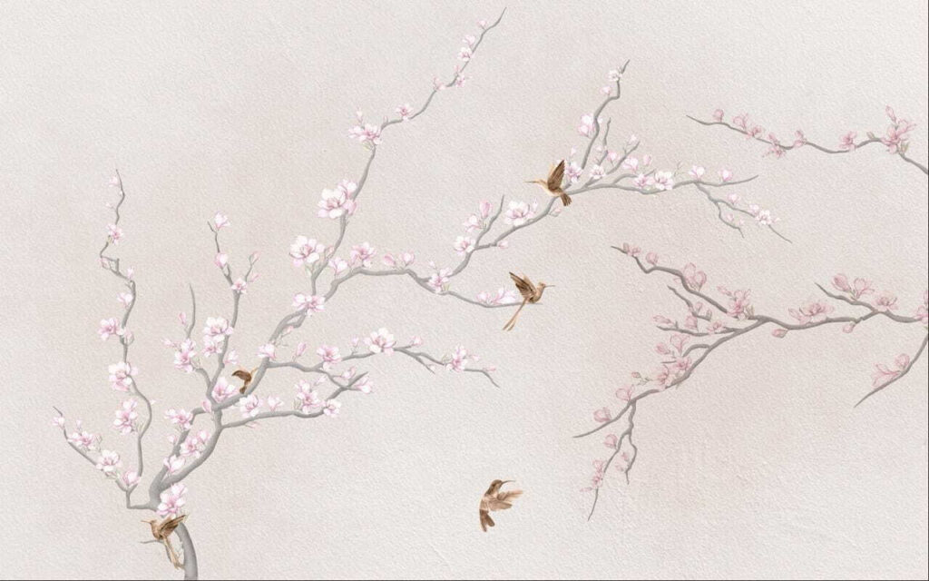Pintura de una rama de árbol con flores y pájaros Pintura de una rama de árbol con flores y pájaros
