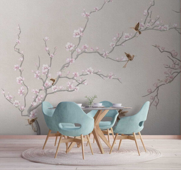 Pintura de una rama de árbol con flores y pájaros Pintura de una rama de árbol con flores y pájaros