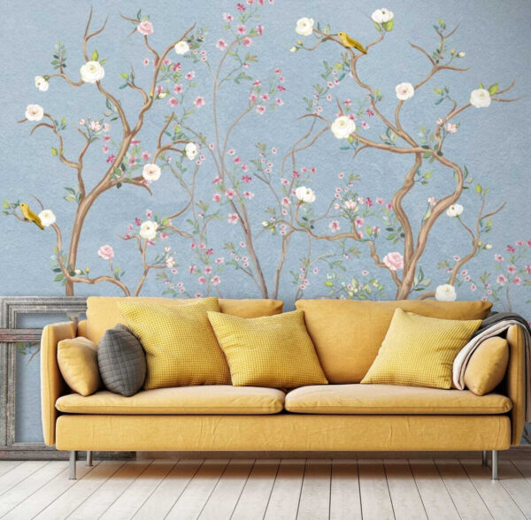 Mural de un árbol con flores y pájaros Mural de un árbol con flores y pájaros