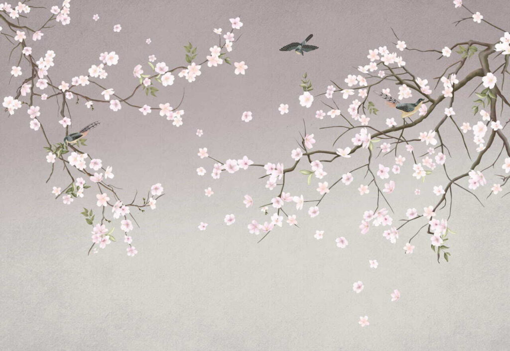 Rama de árbol con flores y pájaros Rama de árbol con flores y pájaros
