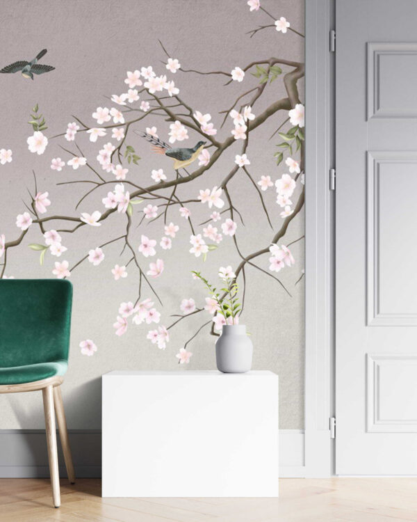 Rama de árbol con flores y pájaros Rama de árbol con flores y pájaros