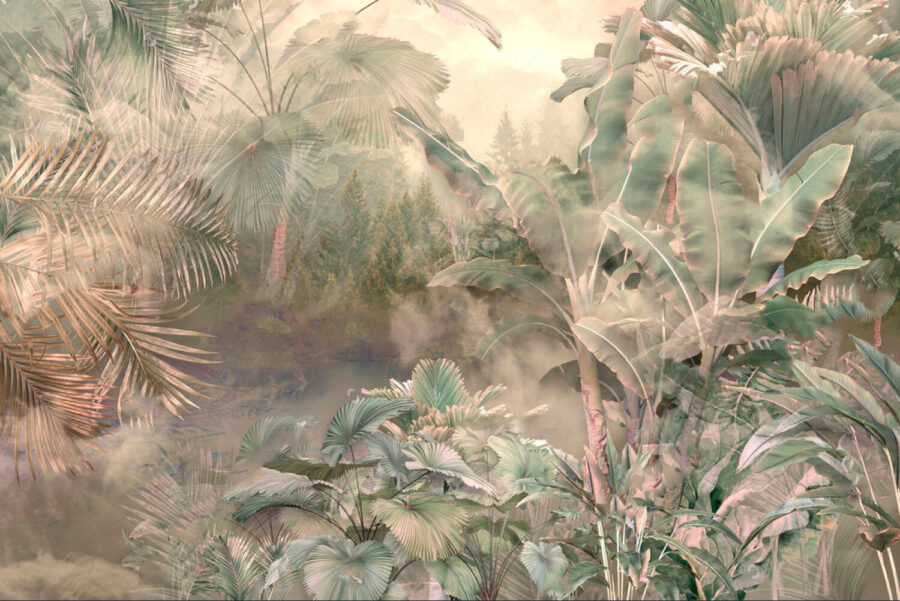 Bosque brumoso con árboles y plantas