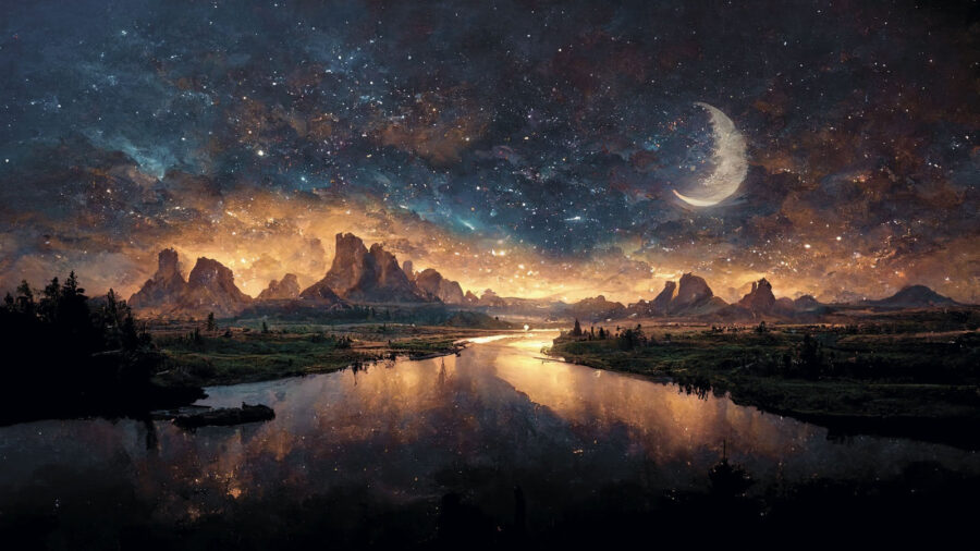 Río con luna en el cielo