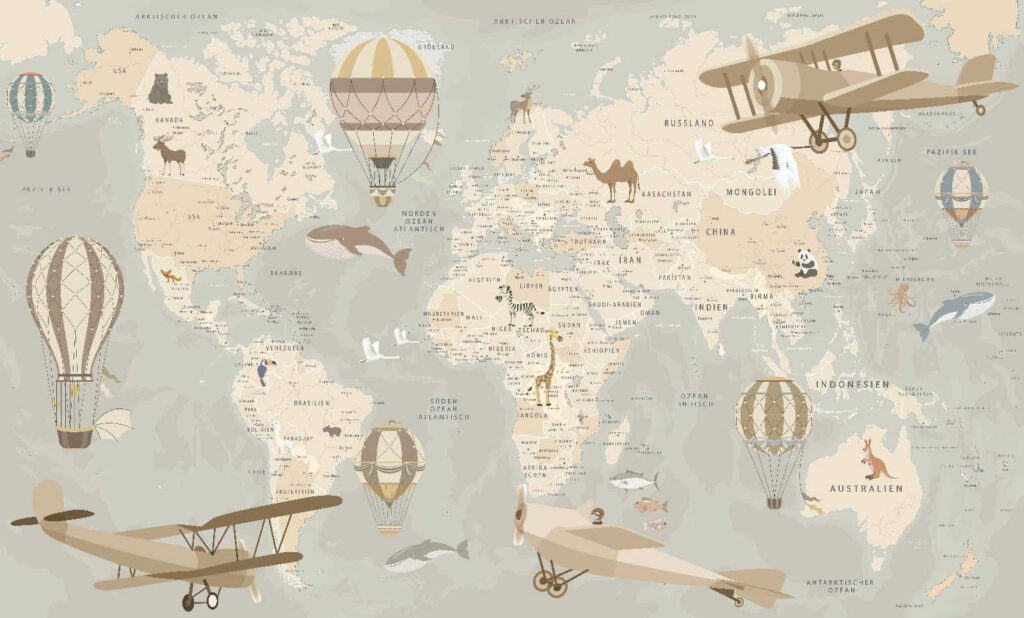 Mapa del mundo con aviones y globos aerostáticos Mapa del mundo con aviones y globos aerostáticos