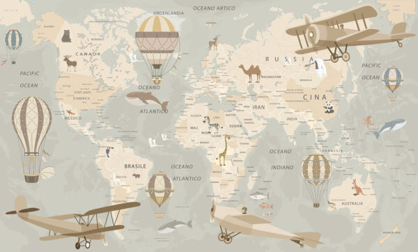 Mapa del mundo con aviones y globos aerostáticos Mapa del mundo con aviones y globos aerostáticos