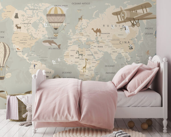 Mapa del mundo con aviones y globos aerostáticos Mapa del mundo con aviones y globos aerostáticos