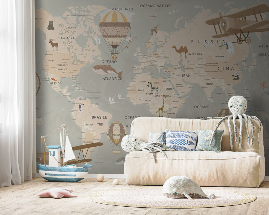 Mapa del mundo con aviones y globos aerostáticos