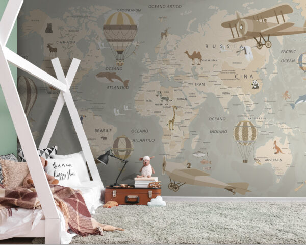 Mapa del mundo con aviones y globos aerostáticos Mapa del mundo con aviones y globos aerostáticos