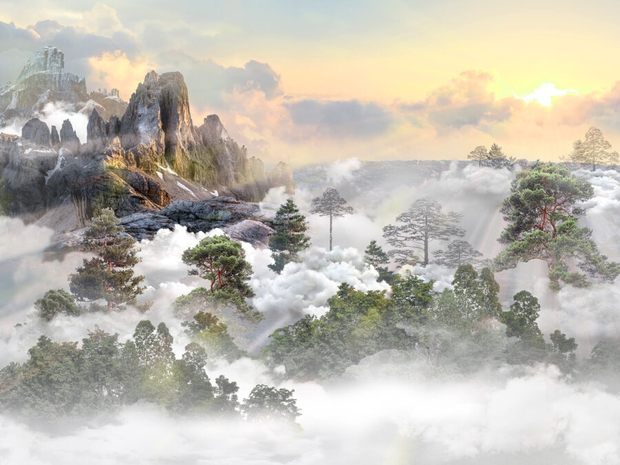 Montaña con árboles y nubes