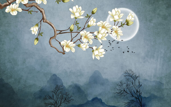 Pintura de una rama de árbol con flores blancas Pintura de una rama de árbol con flores blancas