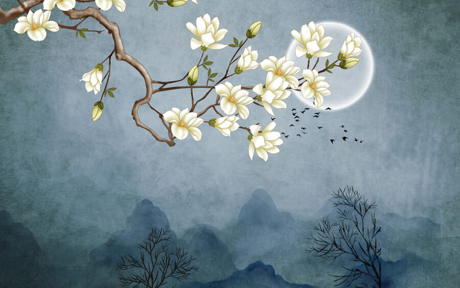 Pintura de una rama de árbol con flores blancas