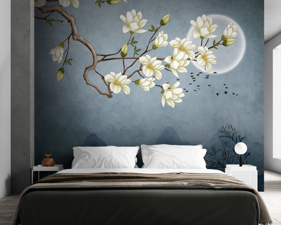 Pintura de una rama de árbol con flores blancas
