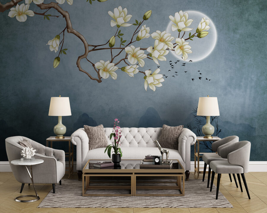 Pintura de una rama de árbol con flores blancas