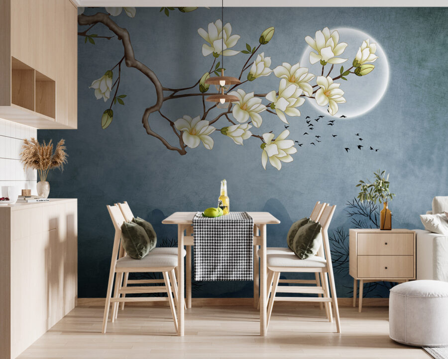 Pintura de una rama de árbol con flores blancas