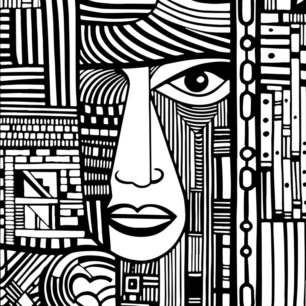 Un dibujo en blanco y negro de un rostro Un dibujo en blanco y negro de un rostro