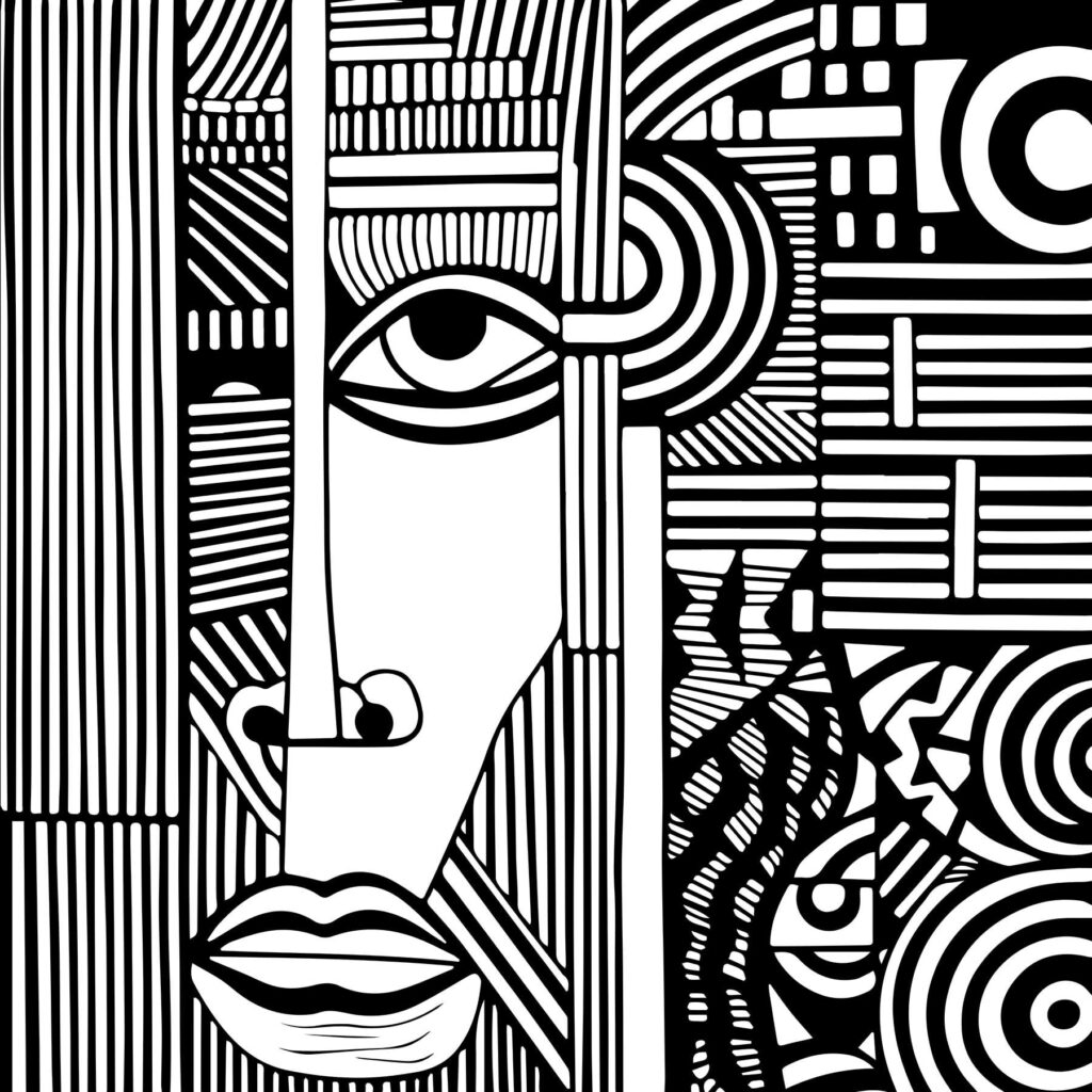 A black and white drawing of a face A black and white drawing of a face