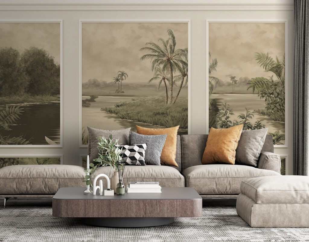 A wall with a painting of trees and a river