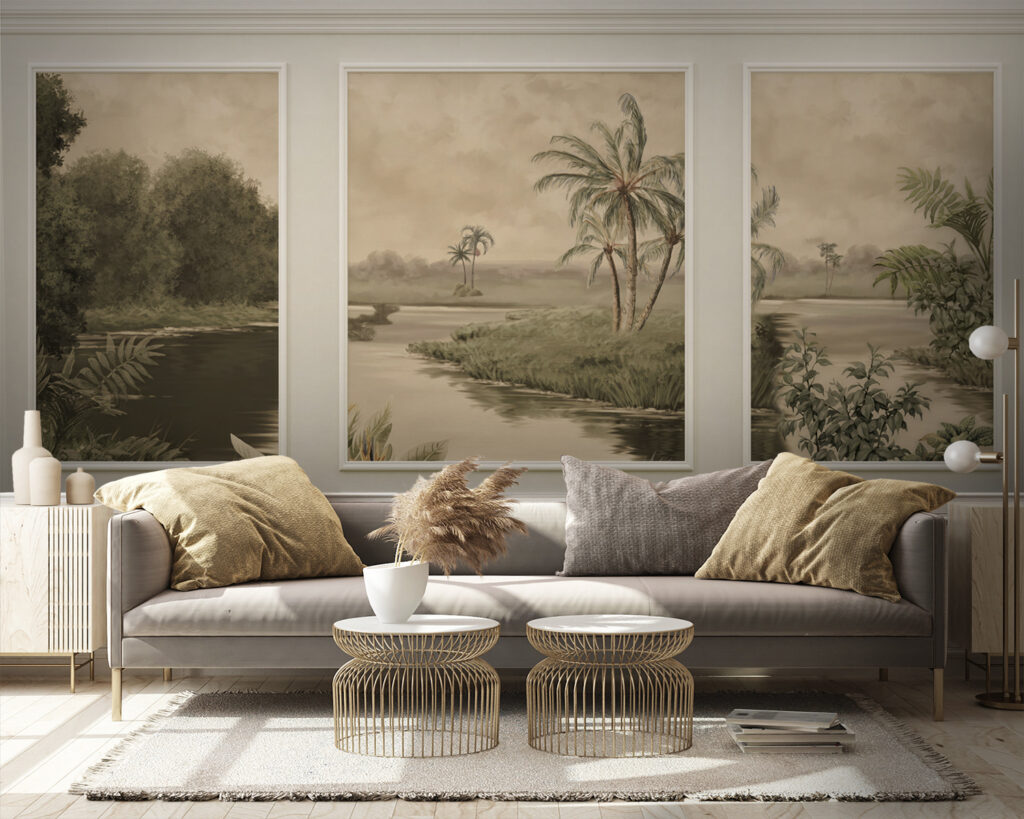 A wall with a painting of trees and a river