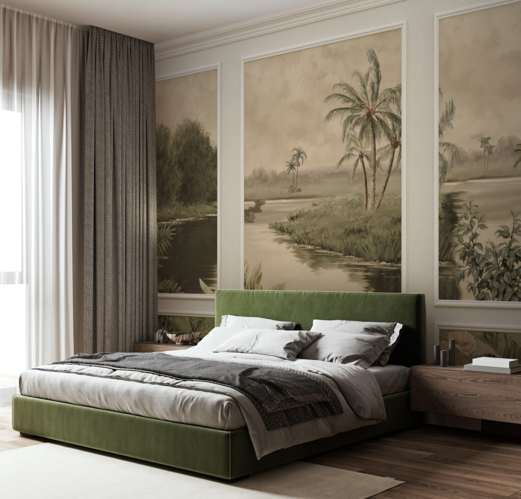 A wall with a painting of trees and a river