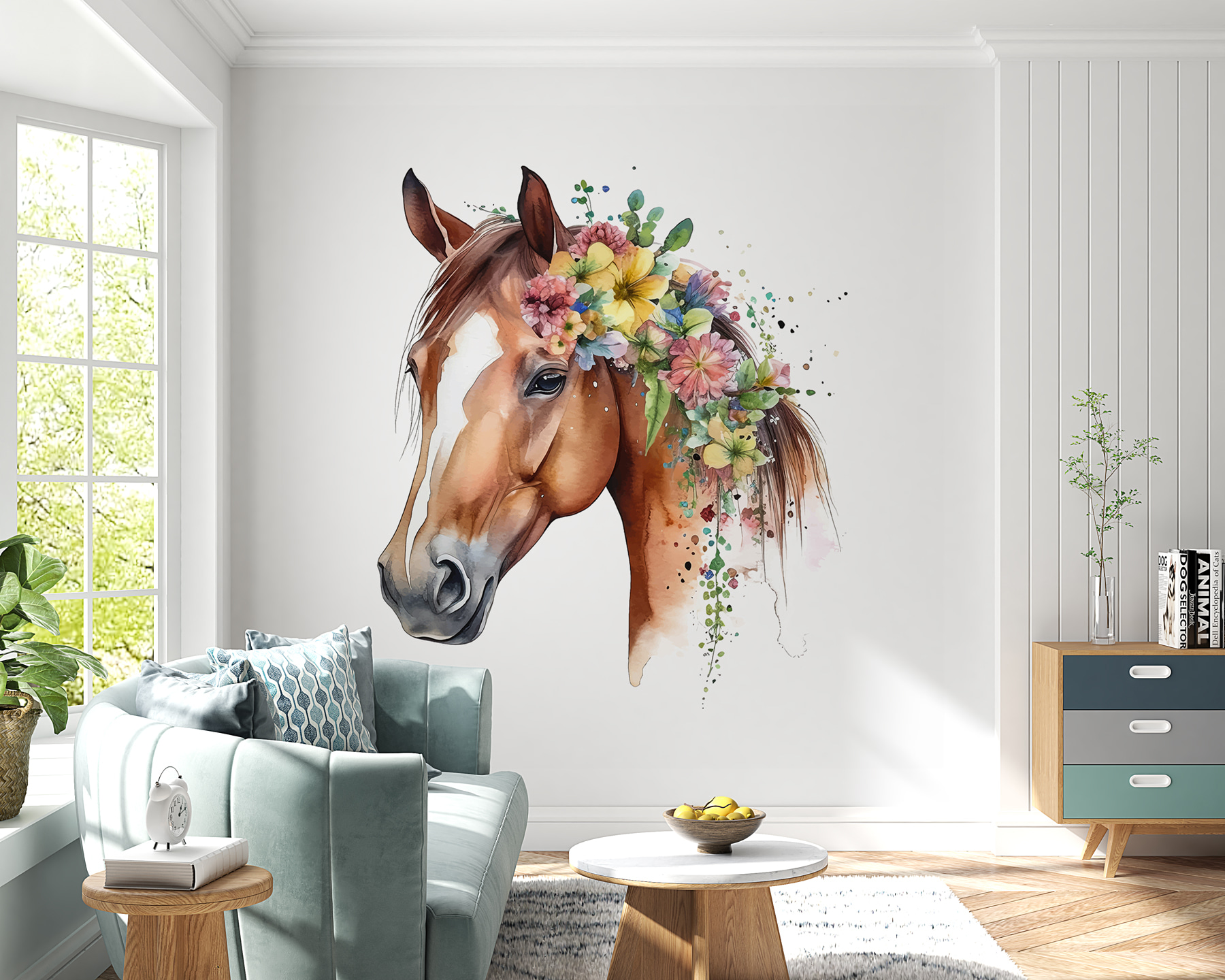A watercolor of a horse with flowers on its head A watercolor of a horse with flowers on its head