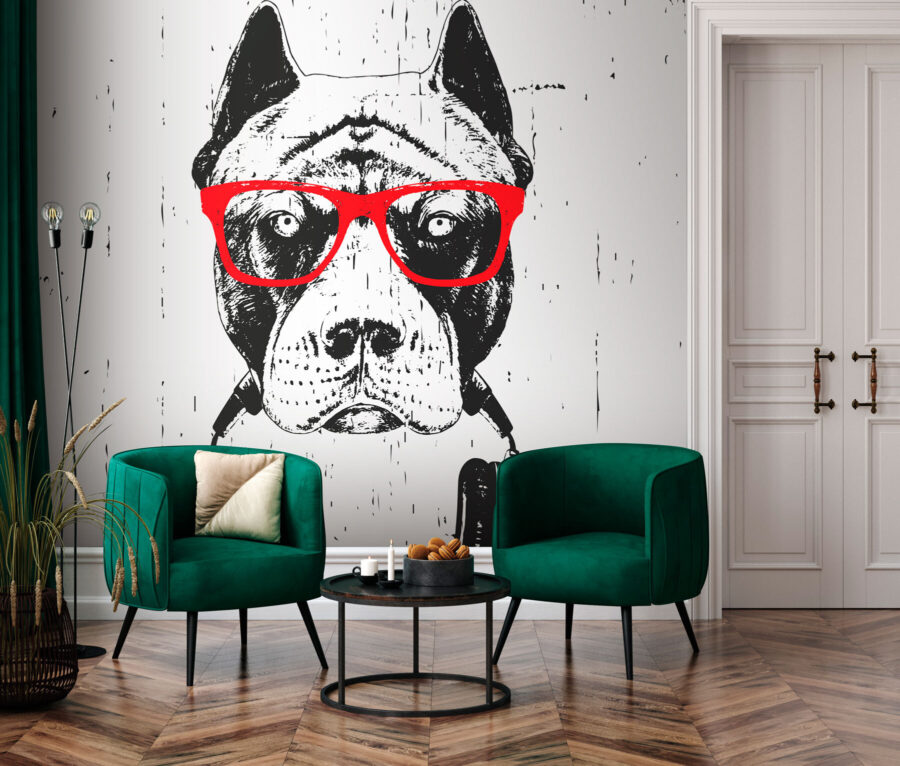 Un perro con gafas y auriculares Un perro con gafas y auriculares