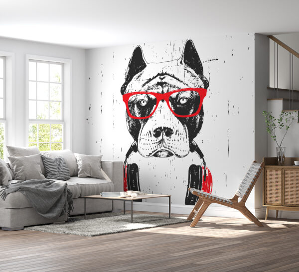Un perro con gafas y auriculares Un perro con gafas y auriculares