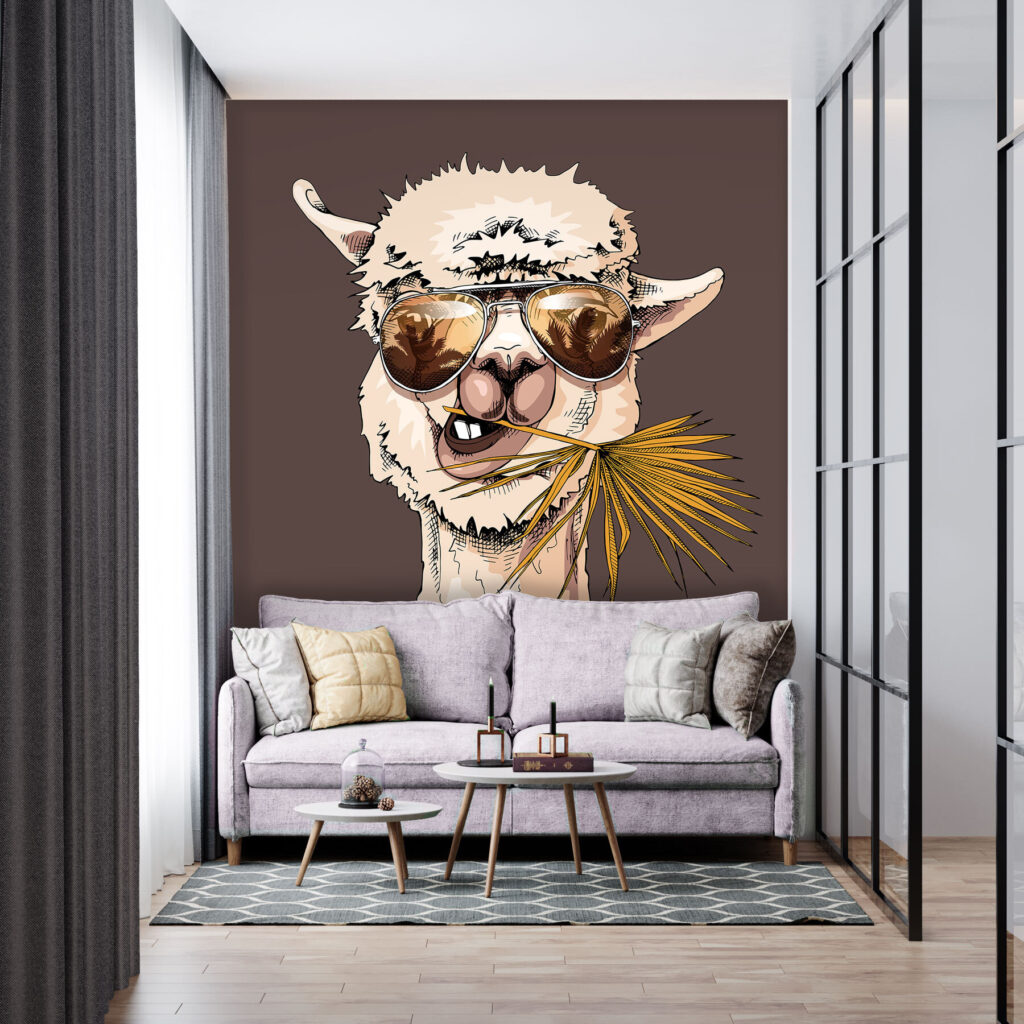 A llama wearing sunglasses and eating a palm leaf