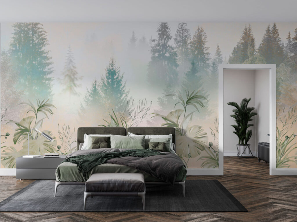A foggy forest with plants and trees