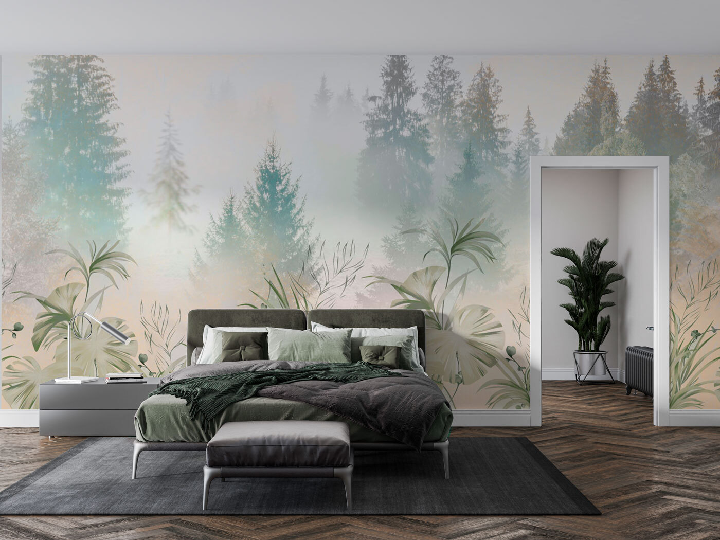 A foggy forest with plants and trees