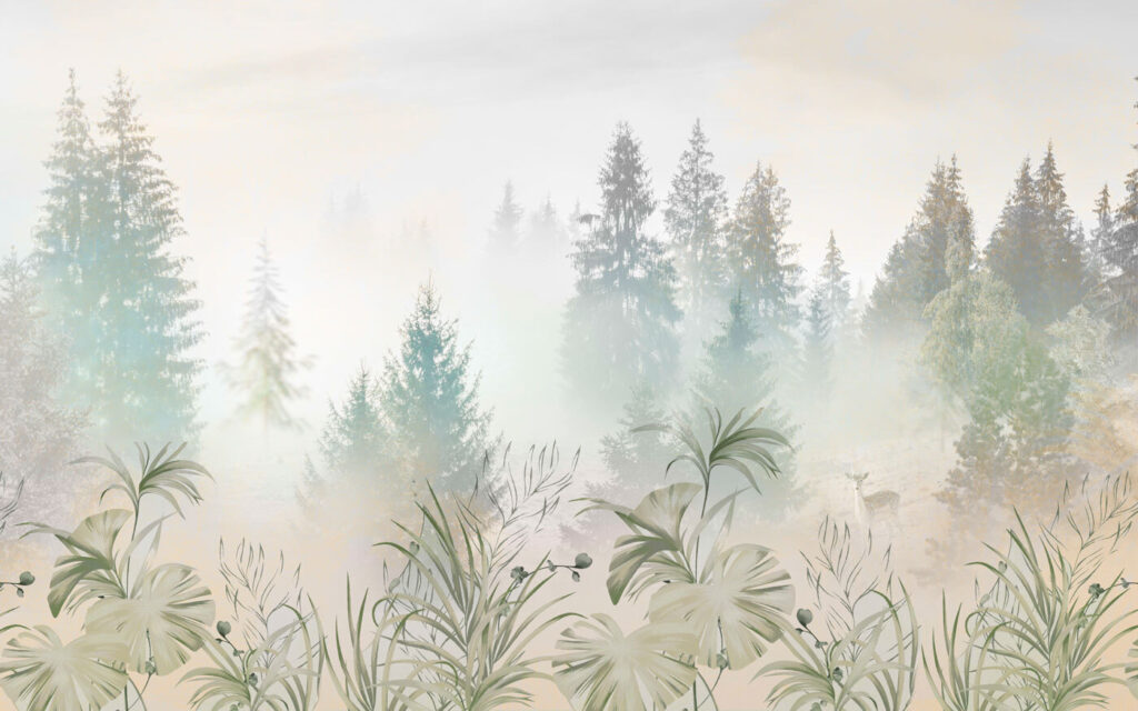 Un bosque brumoso con plantas y árboles Un bosque brumoso con plantas y árboles