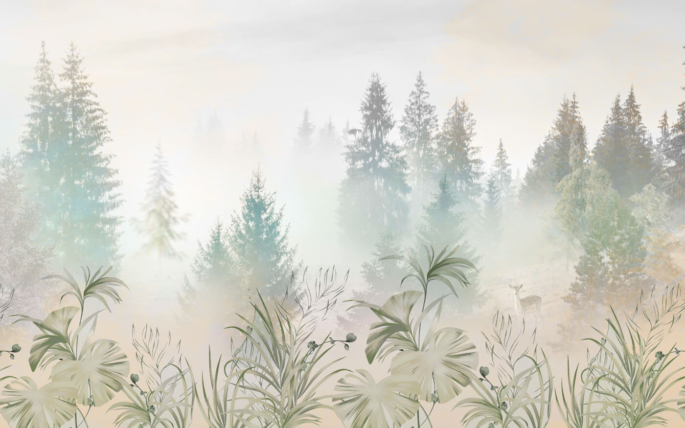 A foggy forest with plants and trees