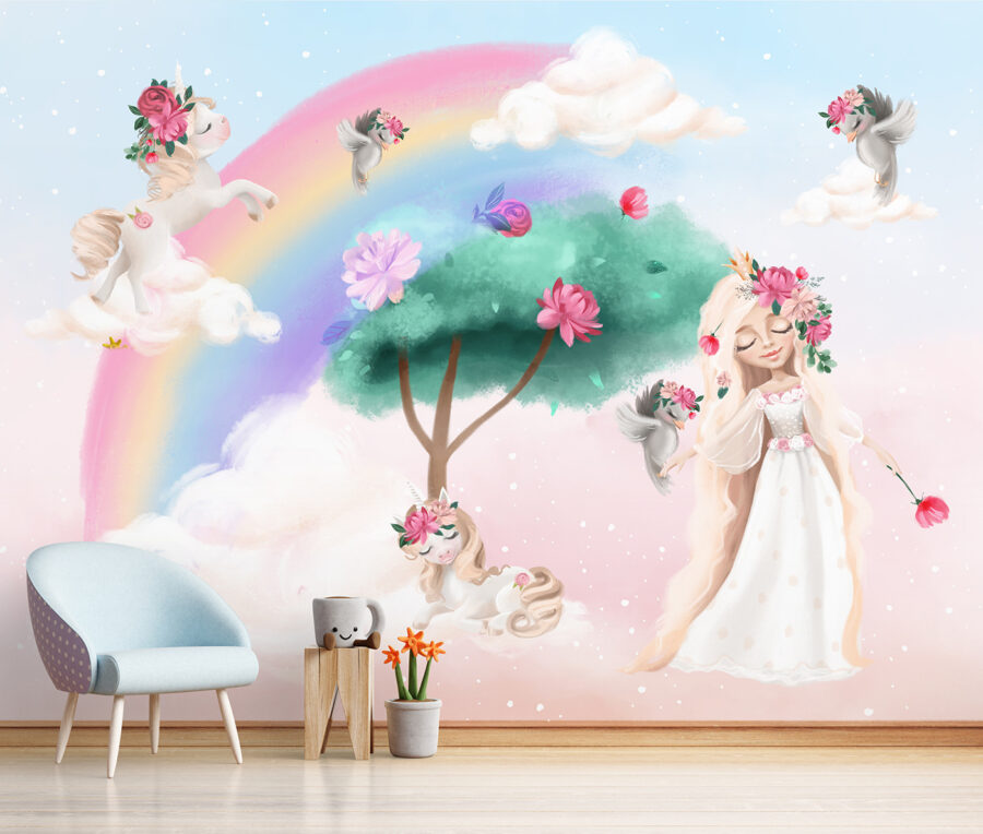 Dibujo animado de una niña con flores en el pelo y un arco iris