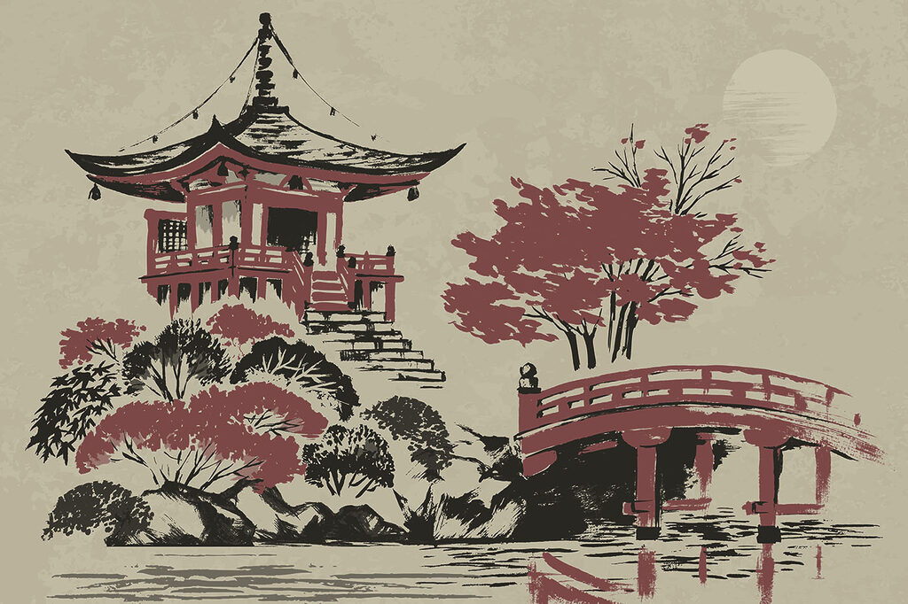 Un cuadro de una pagoda y un puente Un cuadro de una pagoda y un puente
