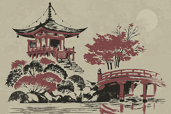 Un cuadro de una pagoda y un puente Un cuadro de una pagoda y un puente