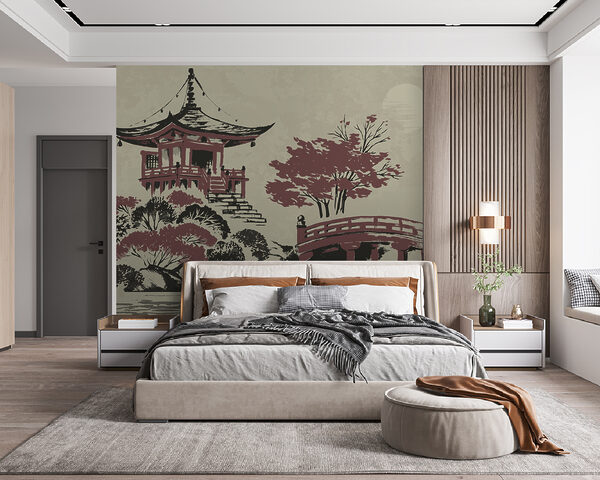 Un cuadro de una pagoda y un puente Un cuadro de una pagoda y un puente