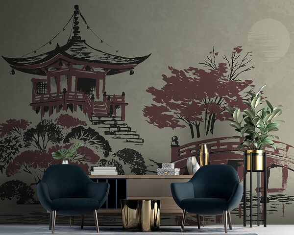 Un cuadro de una pagoda y un puente Un cuadro de una pagoda y un puente