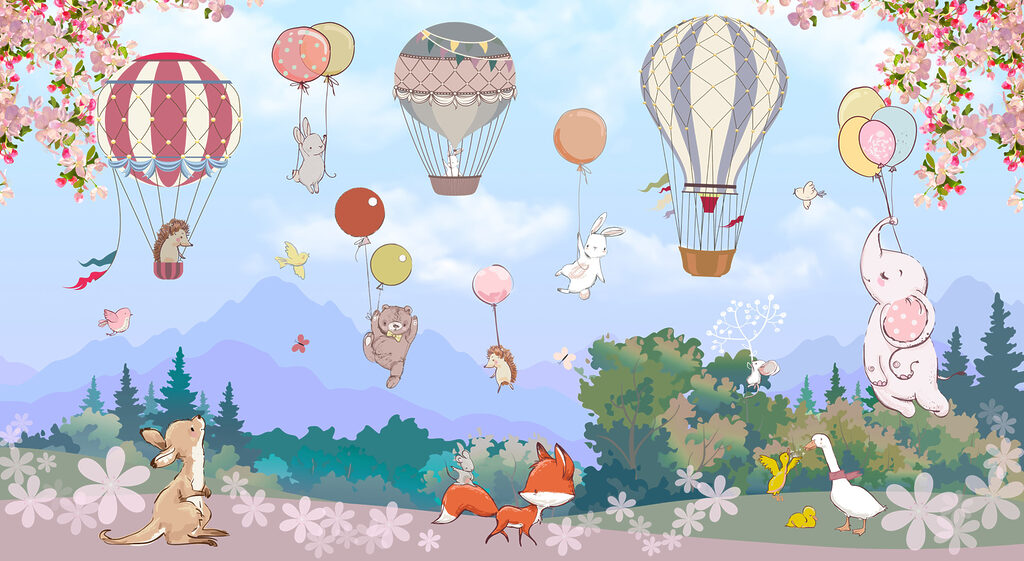 Un dibujo animado de animales y globos aerostáticos Un dibujo animado de animales y globos aerostáticos