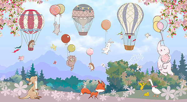 Un dibujo animado de animales y globos aerostáticos Un dibujo animado de animales y globos aerostáticos