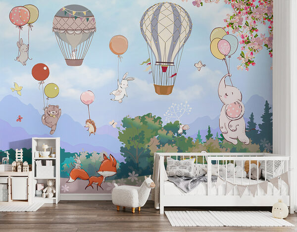 Fotomurales Fotomurales Un dibujo animado de animales y globos aerostáticos (SKU: u98686)