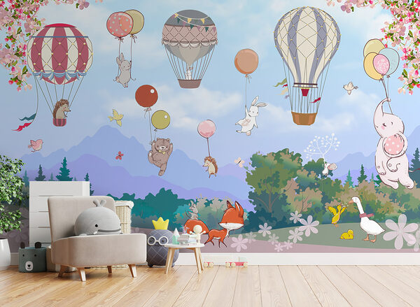 Un dibujo animado de animales y globos aerostáticos Un dibujo animado de animales y globos aerostáticos
