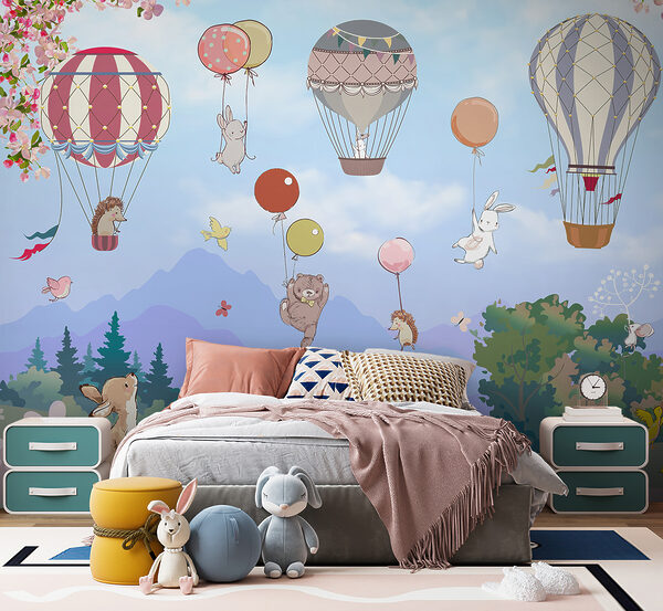 Un dibujo animado de animales y globos aerostáticos Un dibujo animado de animales y globos aerostáticos