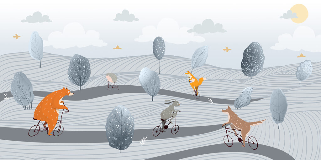 Un grupo de animales montando en bicicleta en un campo Un grupo de animales montando en bicicleta en un campo
