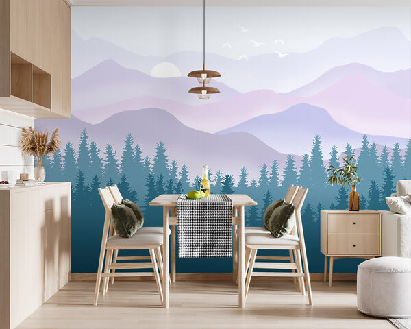 A landscape of mountains and trees