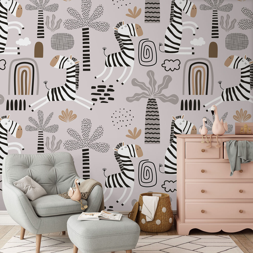A pattern of zebras and trees
