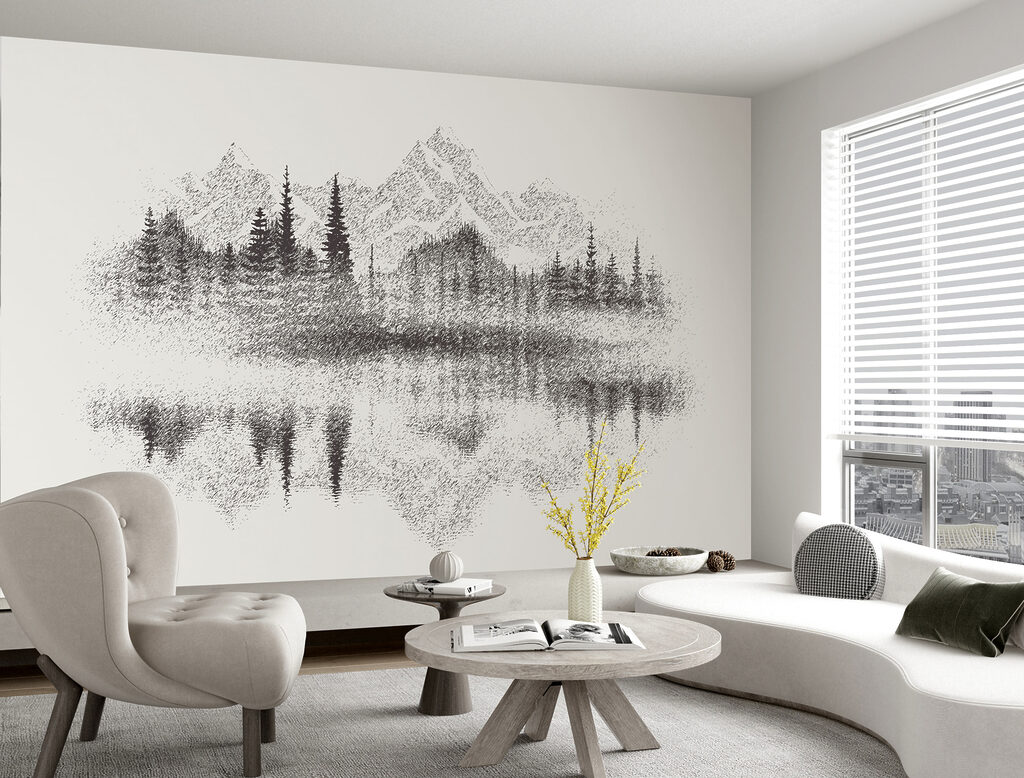 A mountain range and trees reflected in a lake