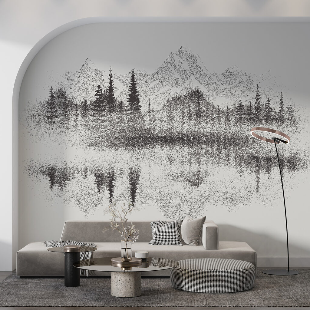 A mountain range and trees reflected in a lake